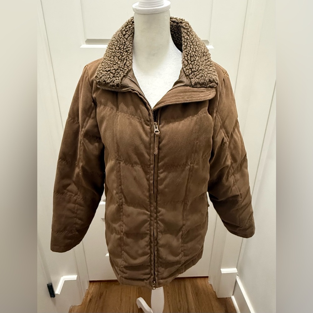 Vintage LL Bean Goose Down Quilted Faux Suede Barn Coat. Size Medium Petite.